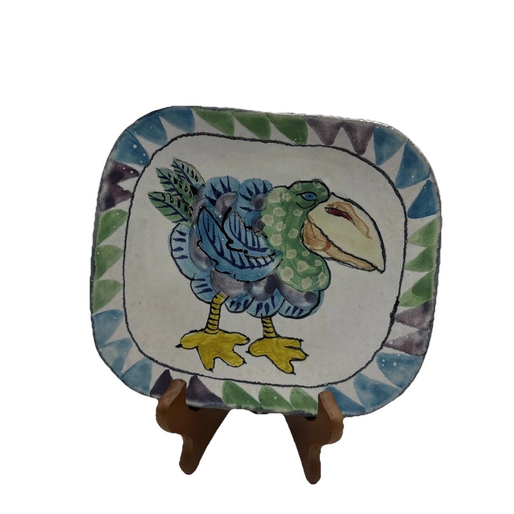 Suki Diamond Handmade Majolica Caricature Animal Plate 8” Signed Bird Folk Art